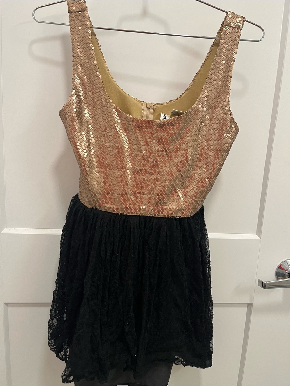 Mimi Chica Gold Sequins and Black Lace Ladies Dress.
